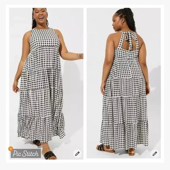 torrid Dresses & Skirts - Torrid Maxi Washable Gauze Halter Tiered Dress Black White Gingham Summer 1 Boho